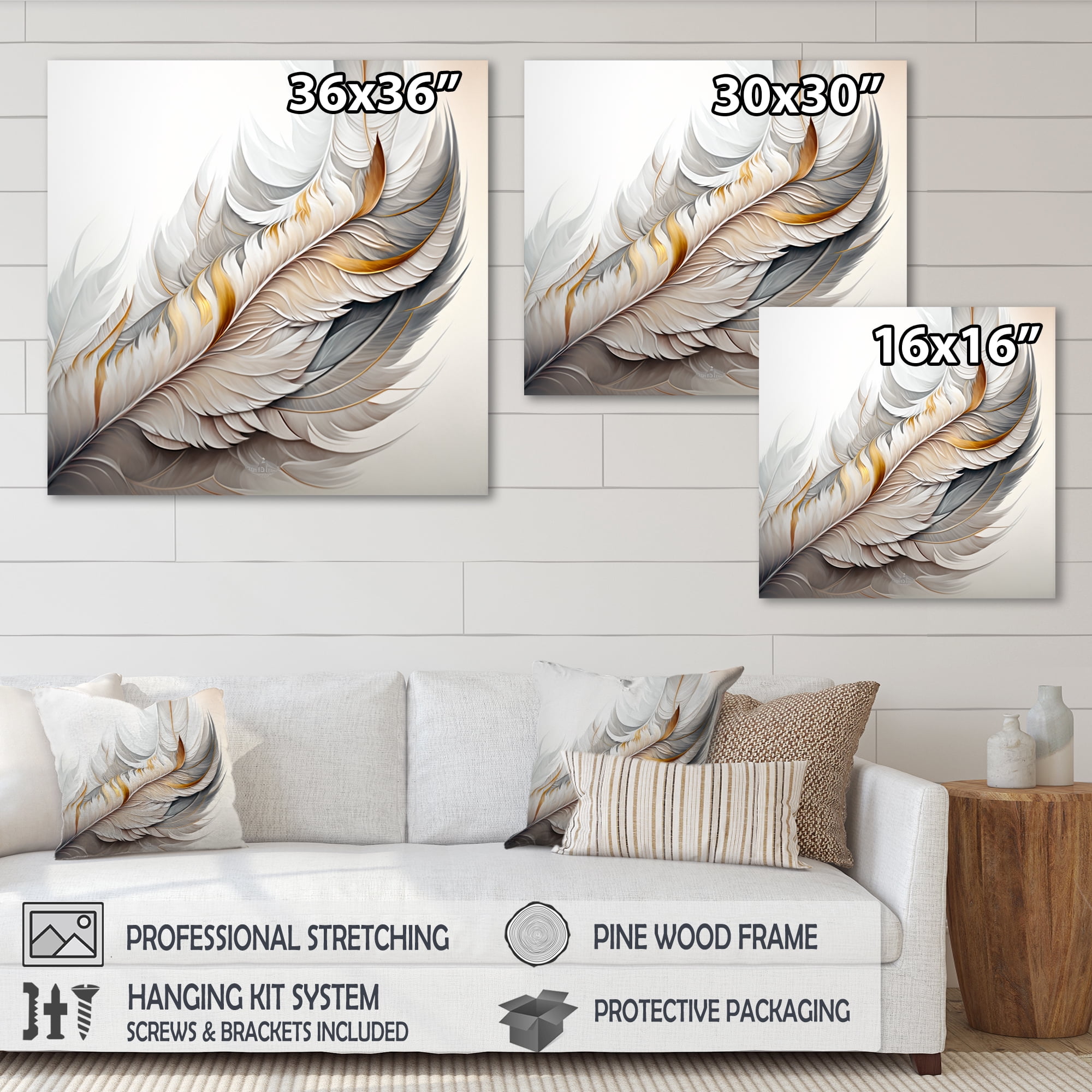 Designart White Watercolor Feather Canvas Wall Art
