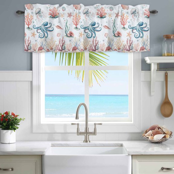 Window Valance for Kitchen,Watercolor Oxygen Coral Shell Rod Pocket Curtain Valances Short Curtains Drapes Panel,Marine Life Seamitter Window Treatment Topper for Living Room Bathroom Bedroom Home