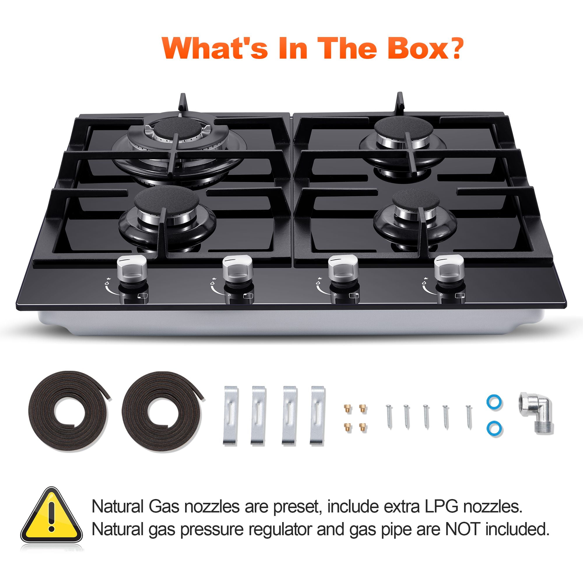 Amzgachfktch 4 Burners 24 inch Gas Cooktop Stainless Tempered Glass Natural Gas/LPG Convertible