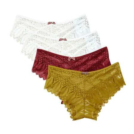 Womens Underwear High Waist 4 Pack Lace Underwear for Women Thongs Panties Ladies Lace Bikini Lightweight Breathable Lace Thong Panties Plus Size Panties Yellow M