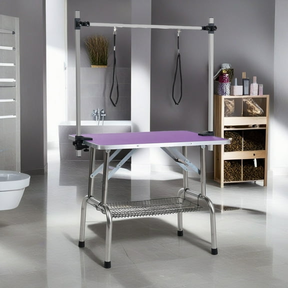 Demi Bonn 42" Dog Pet Grooming Table, Adjustable Arm Foldable Non-Slip Top, Rust-Proof, Waterproof, Warp-Free Trimming Table for Pets, Purple