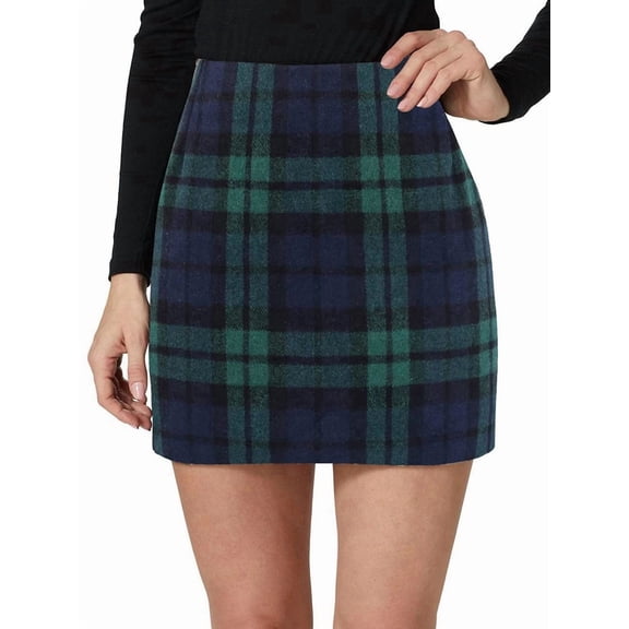 Womens Wool Plaid Mini Skirt Fall Winter High Waisted Bodycon Pencil Skirt Dark Green S