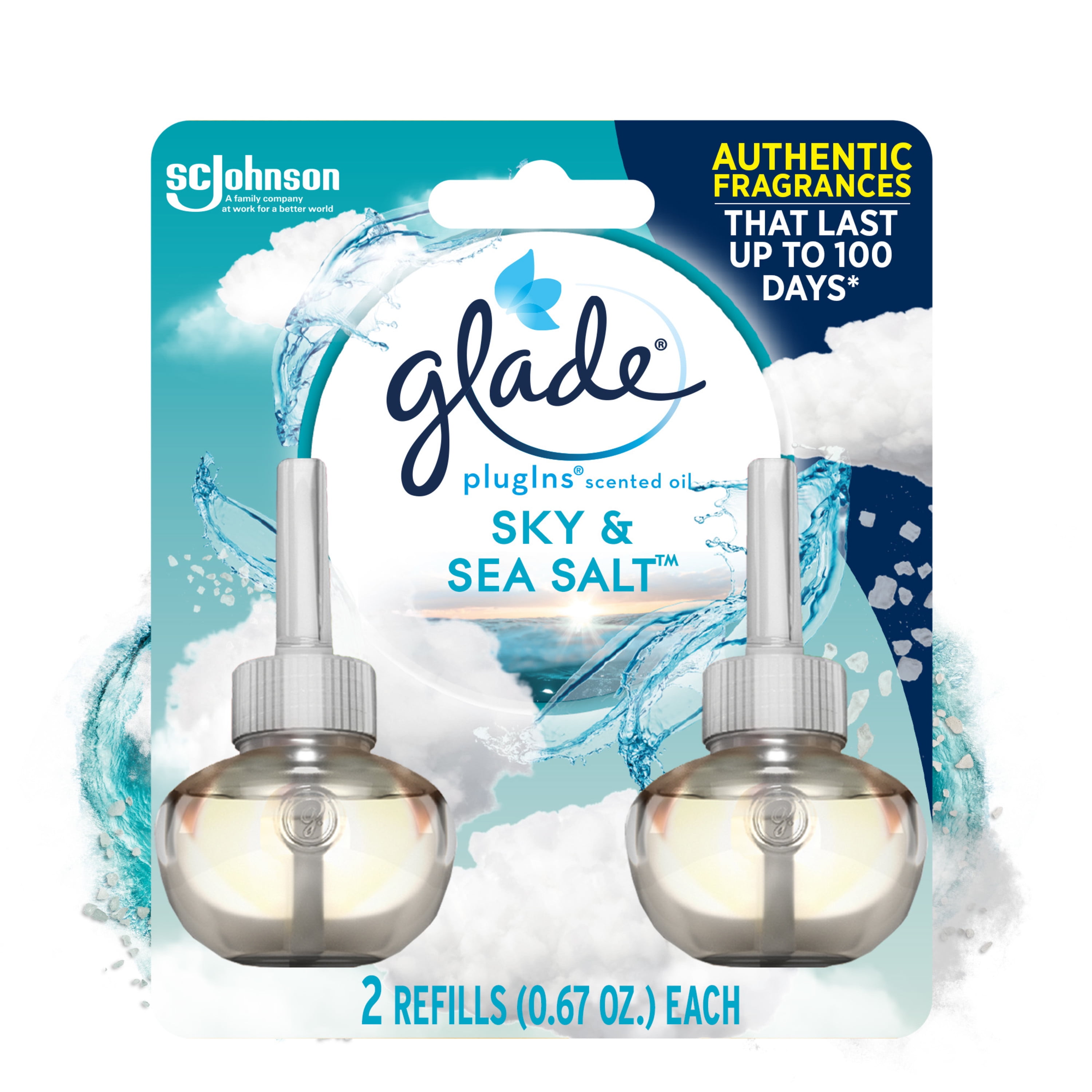 Glade PlugIns Scented Oil 2 Refills, Air Freshener, Sky & Sea Salt, 2 x 0.67 Oz