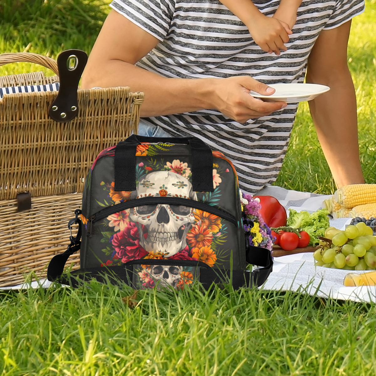 Herdesigns Sugar Flower Skull Floral Gothic Insulated Lunch Bag for Women Men Adults Large Reusable Lunch Box Leakproof Portable Cooler Tote Bags with Adjustable Shoulder Strap