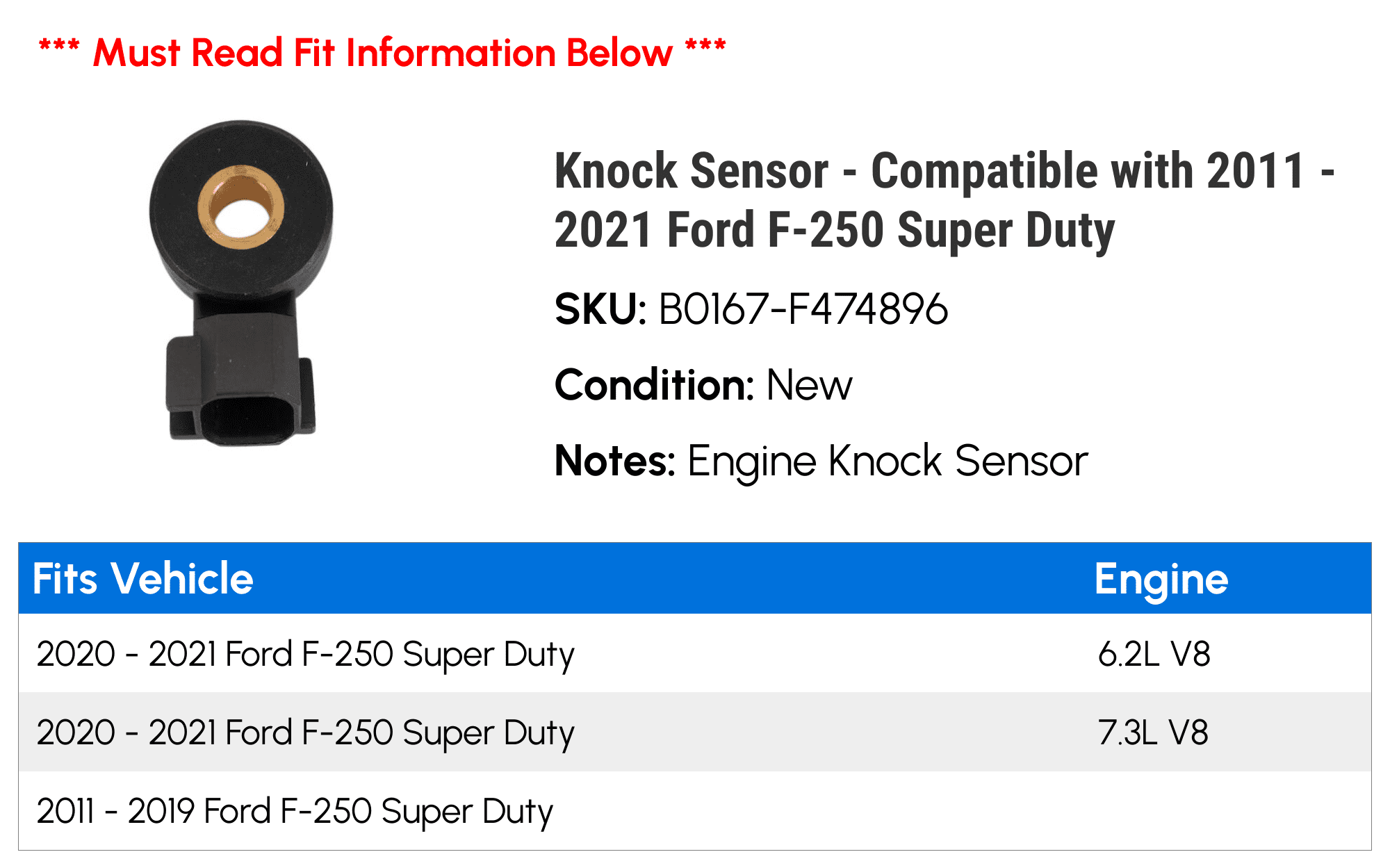 Knock Sensor - Compatible with 2011 - 2021 Ford F-250 Super Duty 2012 2013 2014 2015 2016 2017 2018 2019 2020