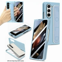 for Samsung Galaxy Z Fold 5 Case with Strap, [Non Slip Silicone Touch] Slim Protective Phone Case with Elastic Finger Wristband, Shockproof PC Cover for Samsung Galaxy Z Fold 5 2023 - Light Blue