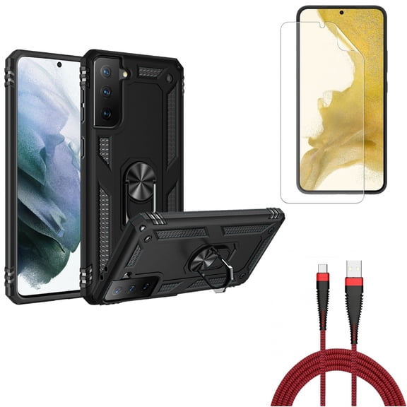 Matte Screen Protector & Hybrid Case Cover & 10ft USB Cable for Samsung Galaxy S22 (6.1") - TPU Film Anti-Glare & Metal Ring Kickstand & Type-C Charger Cord Accessory Bundle