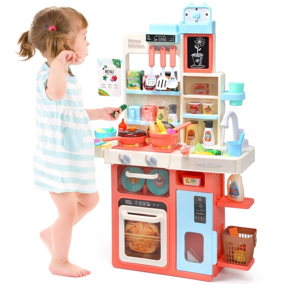 HOLYFUN Kids Pretend Play Kitchen Set with Light & Sound, Toy Stove with Steam Effect, Play Sink and Toy Kitchen Accessories, Kitchen Toy for Boys & Girls Ages 3 