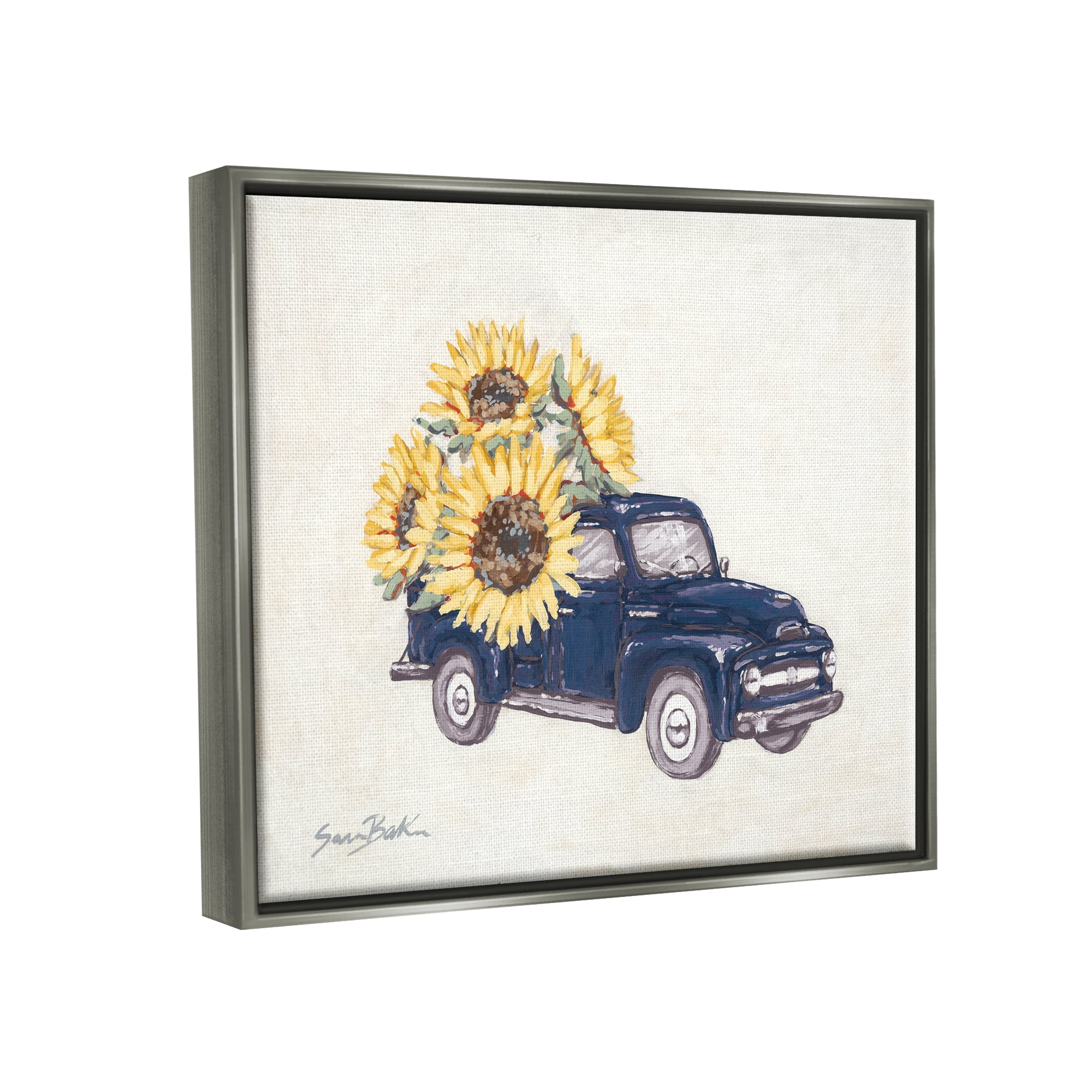 Stupell Industries Country Truck with Sunflowers Botanical & Floral Painting Gray Floater Framed Art Print Wall Art, 21 x 17