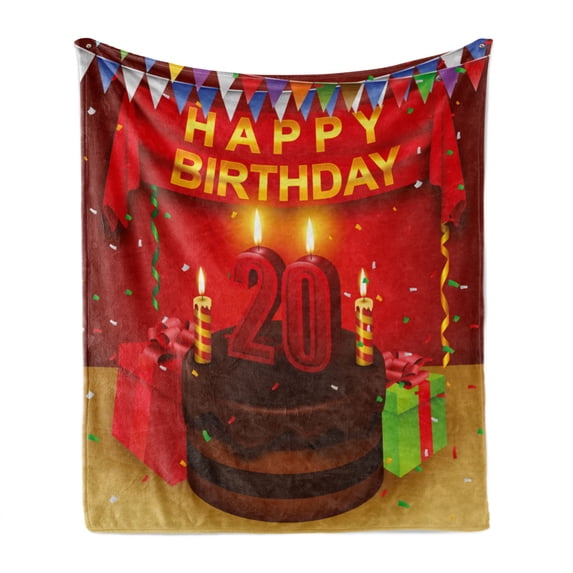 20th Birthday Soft Flannel Fleece Throw Blanket, Happy Birthday Party Curtains Boxes and Flags on the Red Colored Backdrop, Cozy Plush for Indoor and Outdoor Use, 60" x 80", Multicolor, by Ambesonne