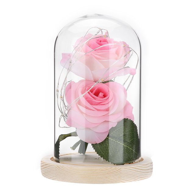Lámpara de noche con cúpula de cristal de rosa artificial de alambre de cobre LED, decoración del hogar, regalo de cumpleaños (rosa blanco)