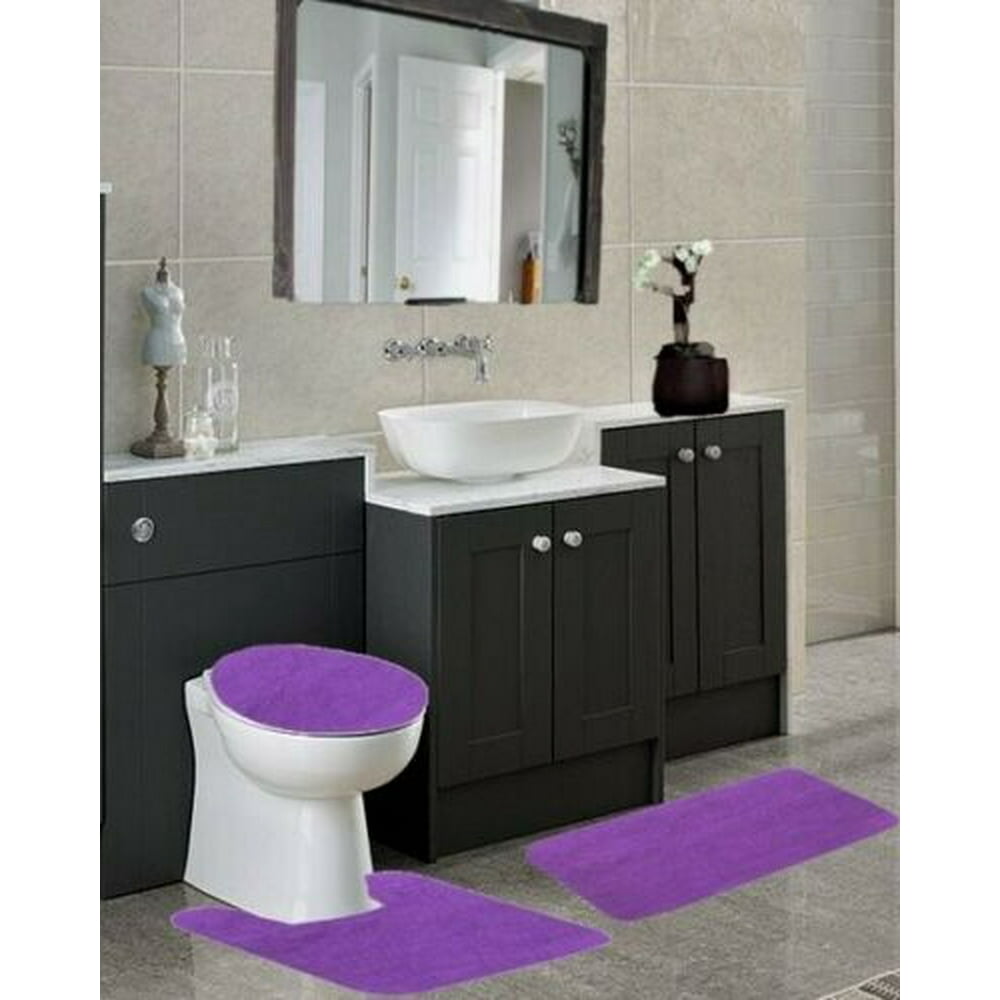 3 PIECE PURPLE 6 SOLID NONSLIP BATHROOM RUG SET , 1 Contour Mat, 1