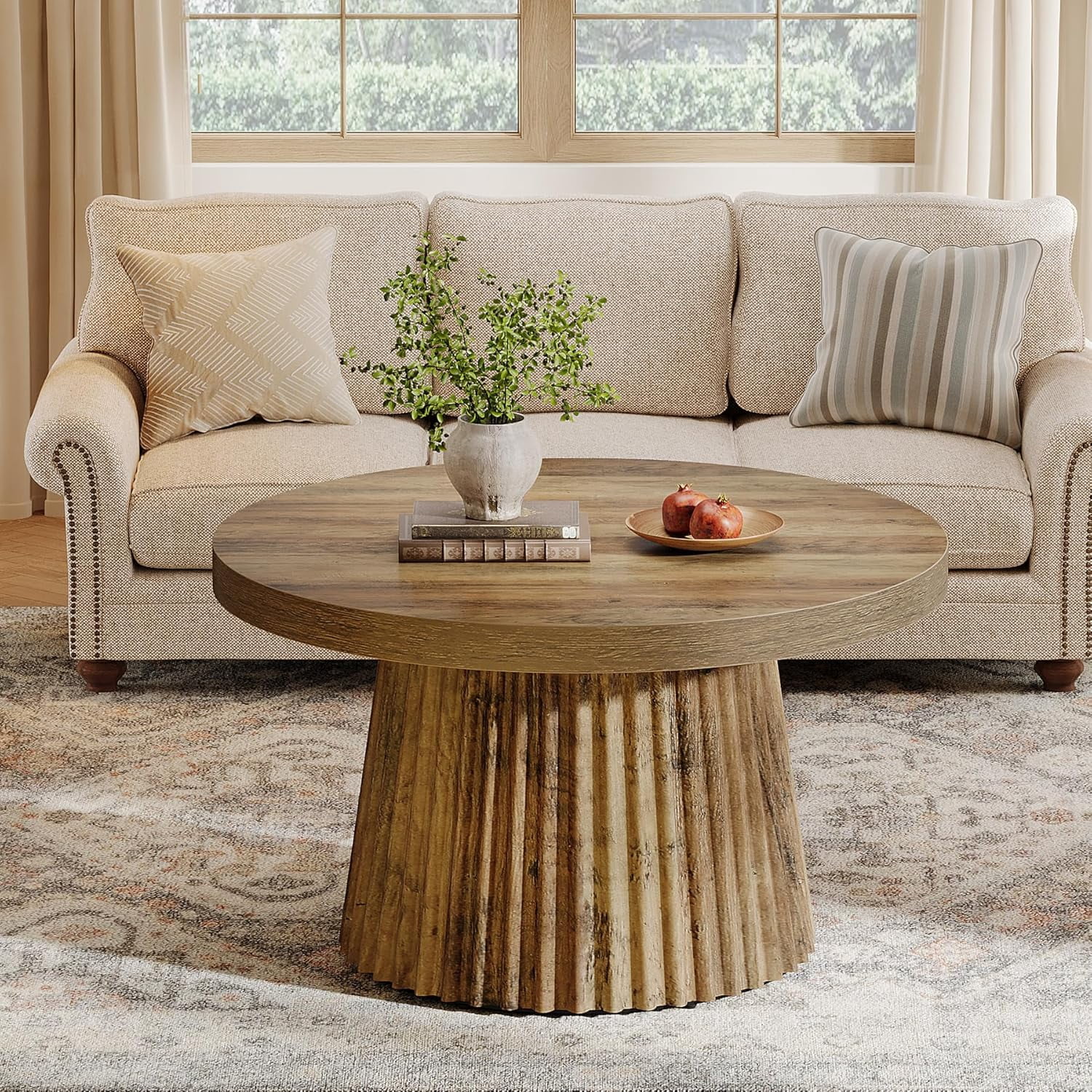 Finmind 31.5" Round Coffee Table, Farmhouse Drum Table with Fluted Base for Living Room, Brown