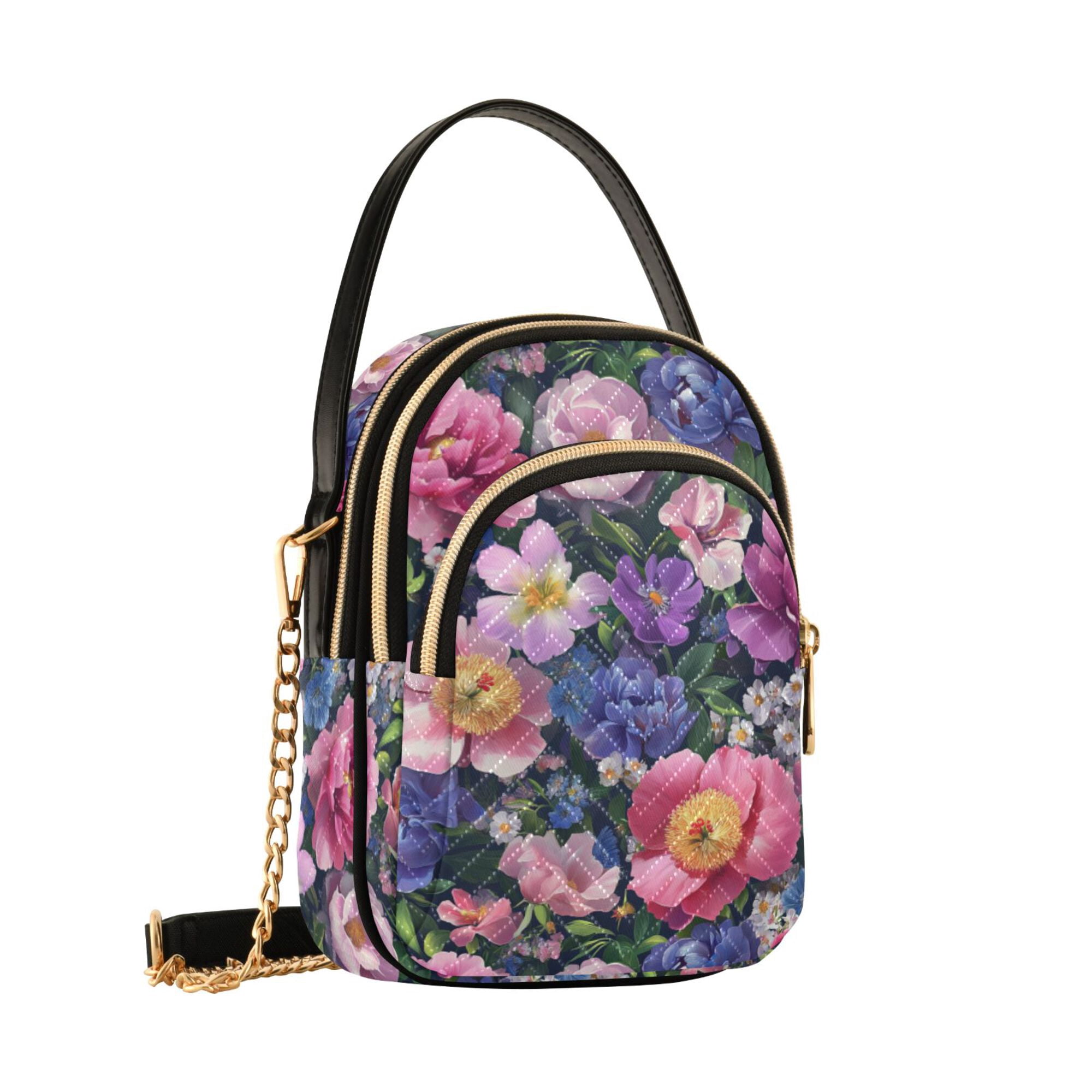 FORMRS Crossbody Bag for Women Quilted Travel Shoulder Cell Phone Purse with Chain Strap Handbag, Soft Pinks Flowers