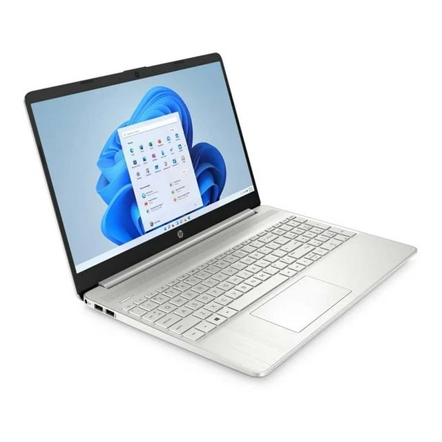 laptop hp 15.6" amd ryzen 7-5700u 12gb ram 256gb ssd windows 11 - plata hp 15-ef2081ms 3/4 frontal de una portátil HP color plata con pantalla IPS Full HD 15.6" (1920x1080), biseles microedge delgados, teclado completo y trackpad grande; diseñada para productividad móvil y a menudo usada como equipo de estudio o entretenimiento.