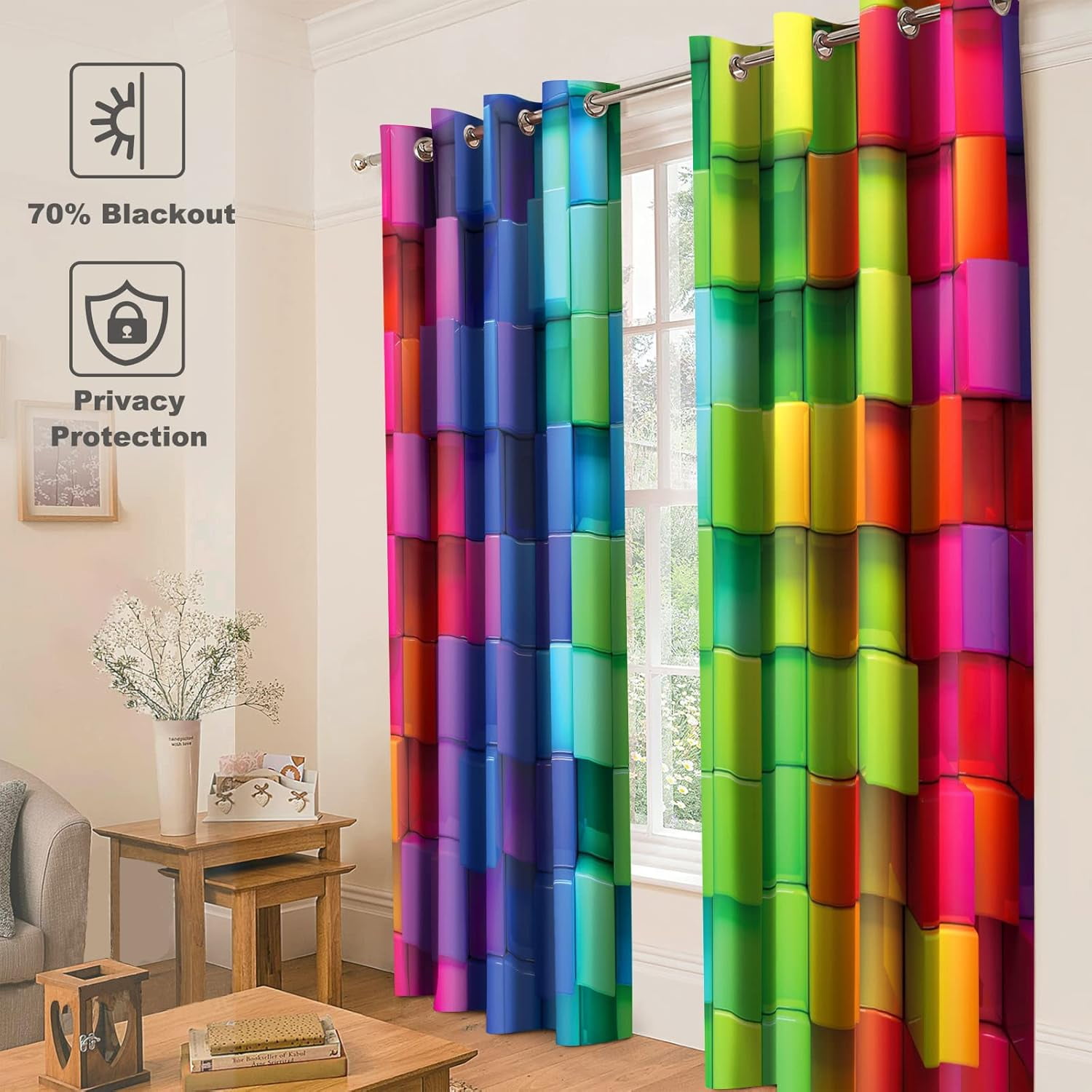 Colorful Rainbow Blackout Curtains Colored 3D Looking Brick Block Contour Display Geometric Artisan Decor Home Bedroom Living Room Grommet Window Drapes 2 Panel Set, 52"x84"