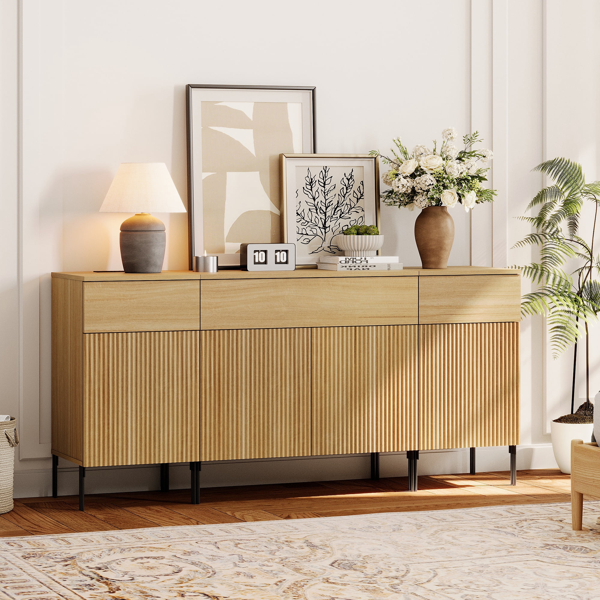 63" Modern Wood 3-Drawer Dresser with Reeded Design, Minimalist Dresser Organizer Storage With Charging Station for Bedroom,Living room, Entryway
