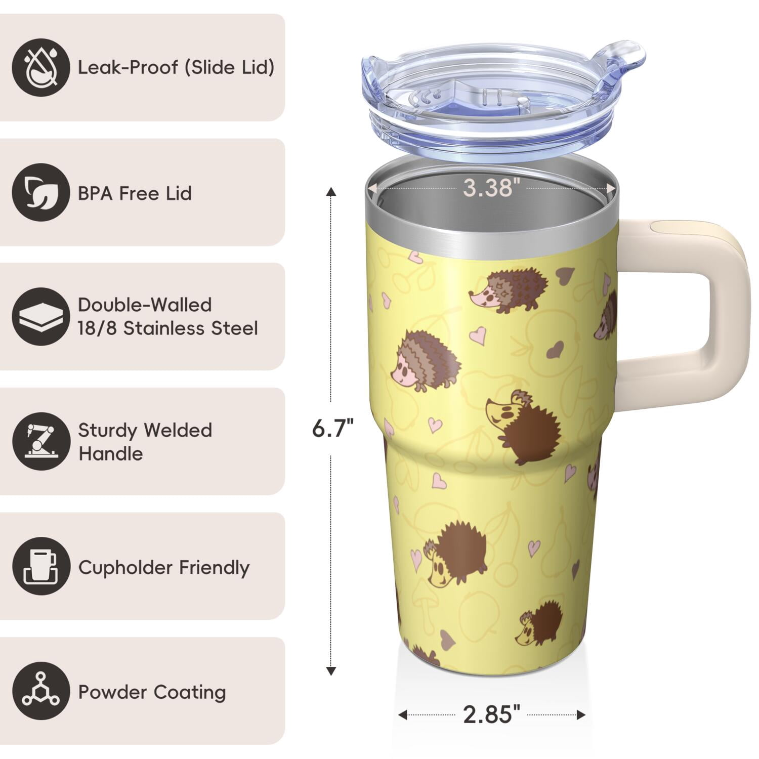 20oz Hedgehog Stainless Steel Tumbler with Handle and Straw Insulated Coffee Mug Travel Cup with Lid and Straw Perfect for Coffee Tea Juice Water Great Gift for Hedgehog Lovers Women Men