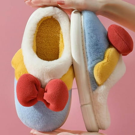 

Shldybc Winter Cotton Slippers Cute Bow Knot Indoor and Outdoor Slippers Princess Style Contrast Color Plush Home Shoes