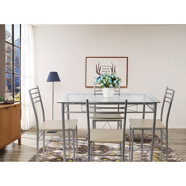 Vecelo Dining Set For 4 Rectangular Counter Height Table Glass Top With 4 Chairs Metal Silver Walmart Com Walmart Com