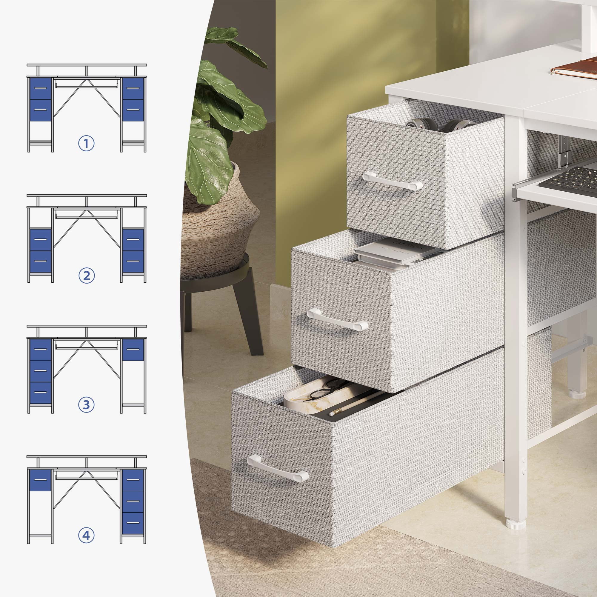 Greenstell 55 inch Gaming Desk with LED Lights, I-Shaped Computer Desk with Storage Drawers, Outlets and Monitor Stand,Home Office Desk, Cream White