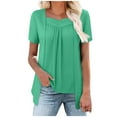 thumbnail image 2 of JTZGDY Summer Tunic Tops for Women to Hide Belly Fake Two Piece Short Sleeve Casual Solid Color V Neck Ruched Pleated T-Shirts Loose Flowy Layered Blouse for Leggings Green XL, 2 of 9
