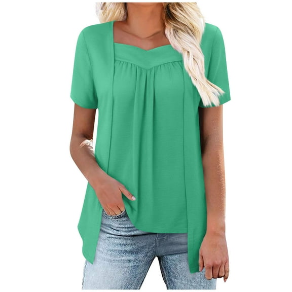 Fmbrln Womens Summer Short Sleeve T-Shirts Fashion V Neck Solid Color Tops Casual Loose Long Hem False Two Piece Tees