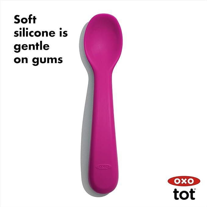 OXO Tot - Silicone Spoons - Encourage Self-Feeding - Easy for Little Ones to Hold - Baby Toddler Feeding Utensils - Pink - 2-Pack