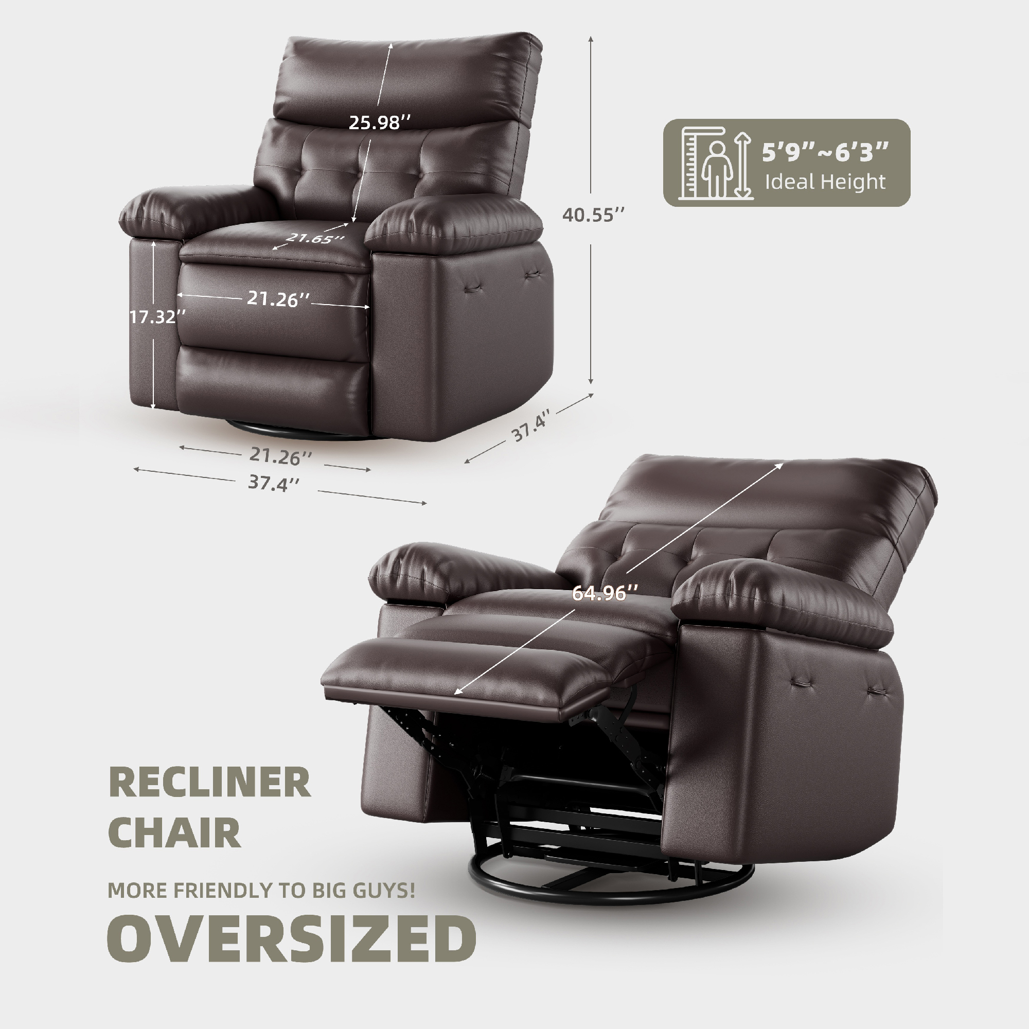 Shininglove 400LB PU Leather Recliner Chair w/Overstuffed Padding – Manual Recliner for Living Room, Bedroom | Oversized Comfort, 22" Seat