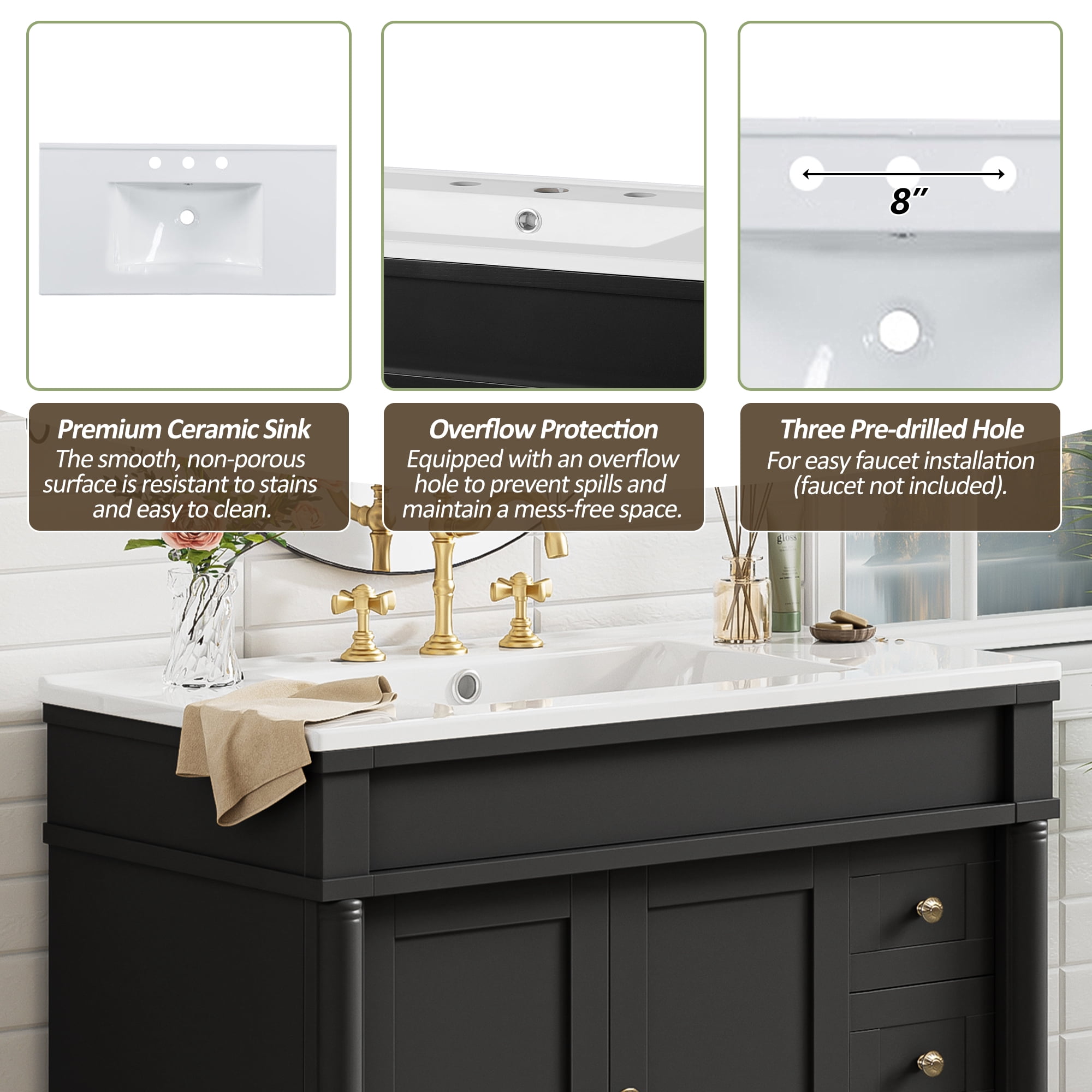 Euroco 36" Bathroom Vanity with Ceramic Sink, Soft Close Doors, Adjustable Shelves, Modern Storage Cabinet for Small and Medium Bathrooms