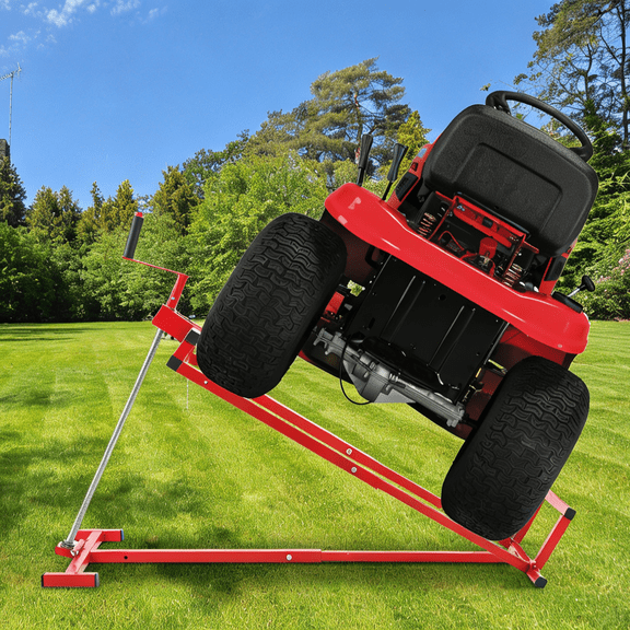 Seauto Easy Lawn Mower Lift for Riding Tractors, 800 Lbs Heavy-Duty Lawn Tractor Lifter, Universal Ride-On Mower Jack with 45° Tilt & Foldable Steel Frame, Red