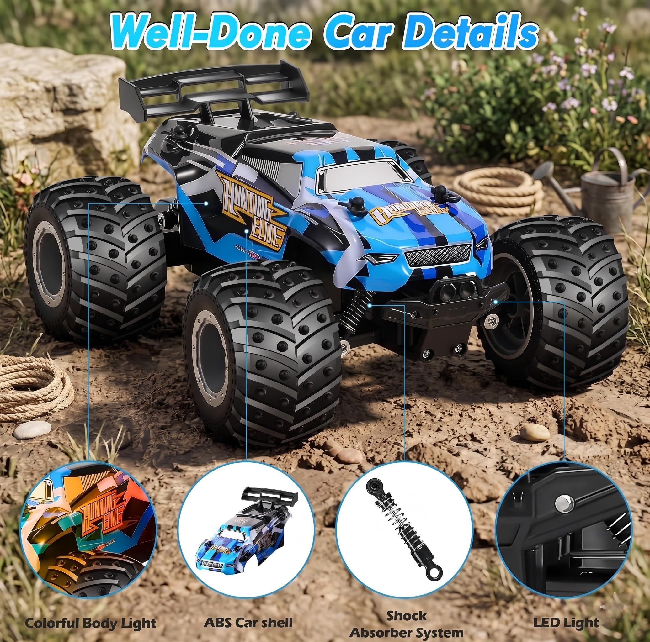 2.4GHz Remote Control Monster Truck, 20KM/H All Terrain Off-Road RC Car with LED Lights, 2 Rechargeable Batteries for Boys
