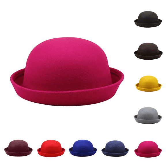 Mens Round Bowler Hat Rolled Short Brim Dome Cap Classic Trendy Winter Daily Performance Headwear Hot Pink