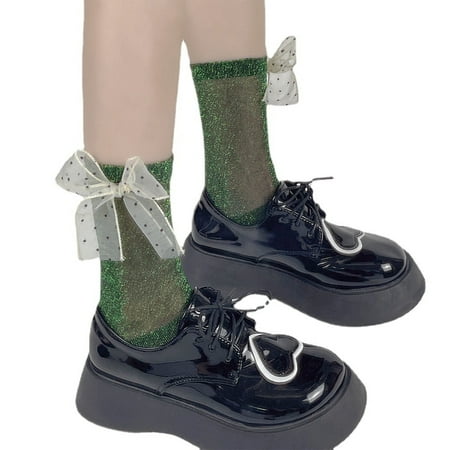 

CHAOMA Women Glitter Metallic Shimmer Mesh Ankle Socks Sweet Bowknot Shiny Thin Hosiery