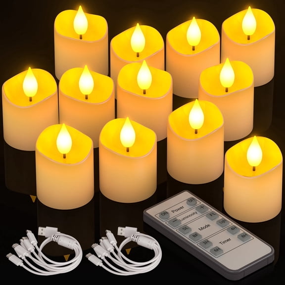 PChero Rechargeable Flameless Candles with Remote Timer, 12pcs Flickering LED Votive Candles Battery Operated, Small Electric Fake Tea Lights Candle for Halloween Christmas Centerpiece Table Wedding