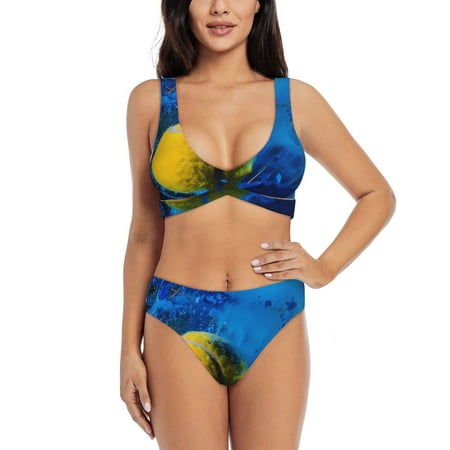 Zeuib Sports Tennis Ball High Waisted Tummy Control Bikini Set - Knot Front Push Up Top & Cheeky Thong Bottom  Two-Piece Swimsuit for Women-XX-Large