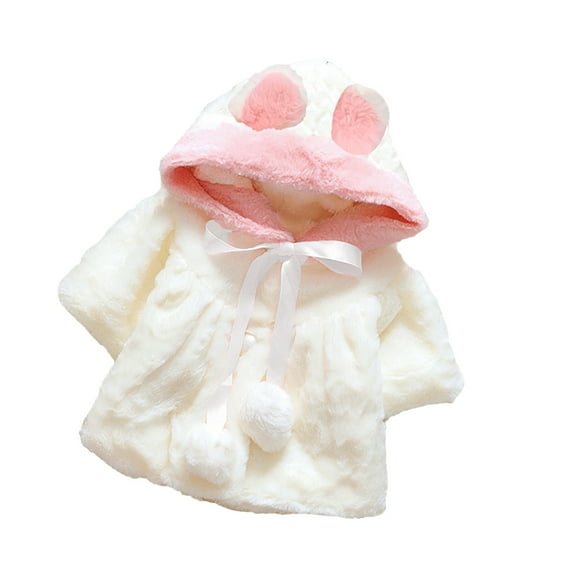 Odeerbi Toddler Winter Coat Kids Girls Outerwear Jackets Solid Color Plush Cute Rabbit Ears Hoodie Thick Coat Cloak White