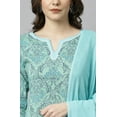 thumbnail image 5 of Janasya Indian Round Neck 3/4 Sleeve Floral Print Sea Green Cotton Kurta With Pant And Dupatta For Women, 5 of 7