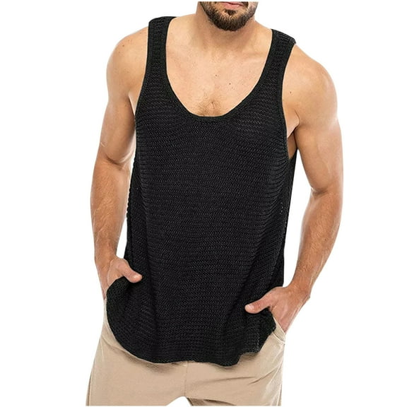 IYTR Men's Tank Tops Sports Summer Sleeveless Tank Tops Hollow Out Knitting Vest Solid Color Hollow Out Knitting Crewneck Tops Black XL