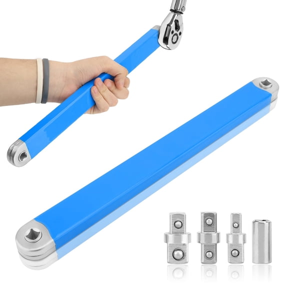 Offset Extension Wrench, 15" Heavy Duty Extension Wrench with 1/2" 1/4" 3/8" Square Drive Adapters and 1/4" Socket, High Carbon Steel Ratchet Spanner