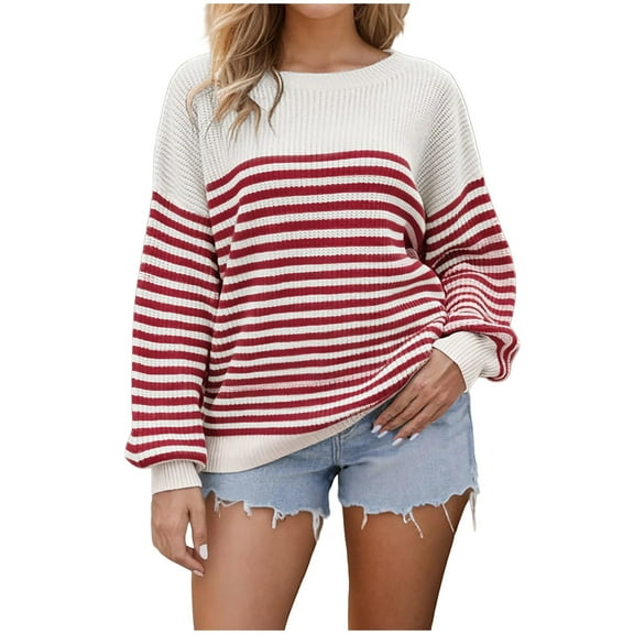 Women Oversize Striped Sweaters Drop Shoulder Long Sleeve Crewneck Knit Sweatshirt Casual Loose Pullover Tops (XL, Red)