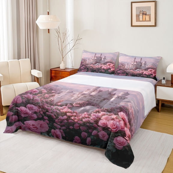 Feelyou Dreamy Princess Castle Twin Sheet Sets, Pink Rose Dlwoer Bedding, 3pcs