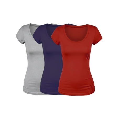 Emmalise T-Shirt à Manches Courtes pour Femme, Col Rond, Ensemble Économique (3 Pk Hth Gris Violet Rouge Grand)