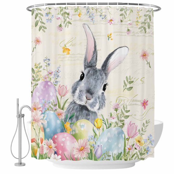 Easter Rabbit Shower Curtain, Waterproof Shower Curtains for Bathroom, Spring Colorful Eggs Wildflowers Leaves Washable Fabric Bathtub Curtain Set Bath Decor with 12 Hooks 72"x78"
