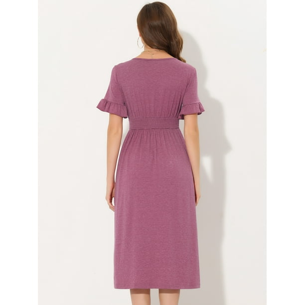 Unique Bargains Women's V Neck Button Flutter Sleeve Smocked High Waist Midi  Dress L Fuchsia - Walmart Business Supplies