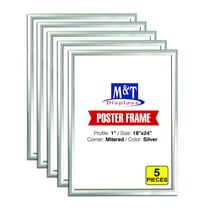M&T Displays Snap Frame 18x24 Inch Poster Size, 1 Inch Silver Color Aluminum Profile, Front Loading, Mitered Corner (5 Frames)