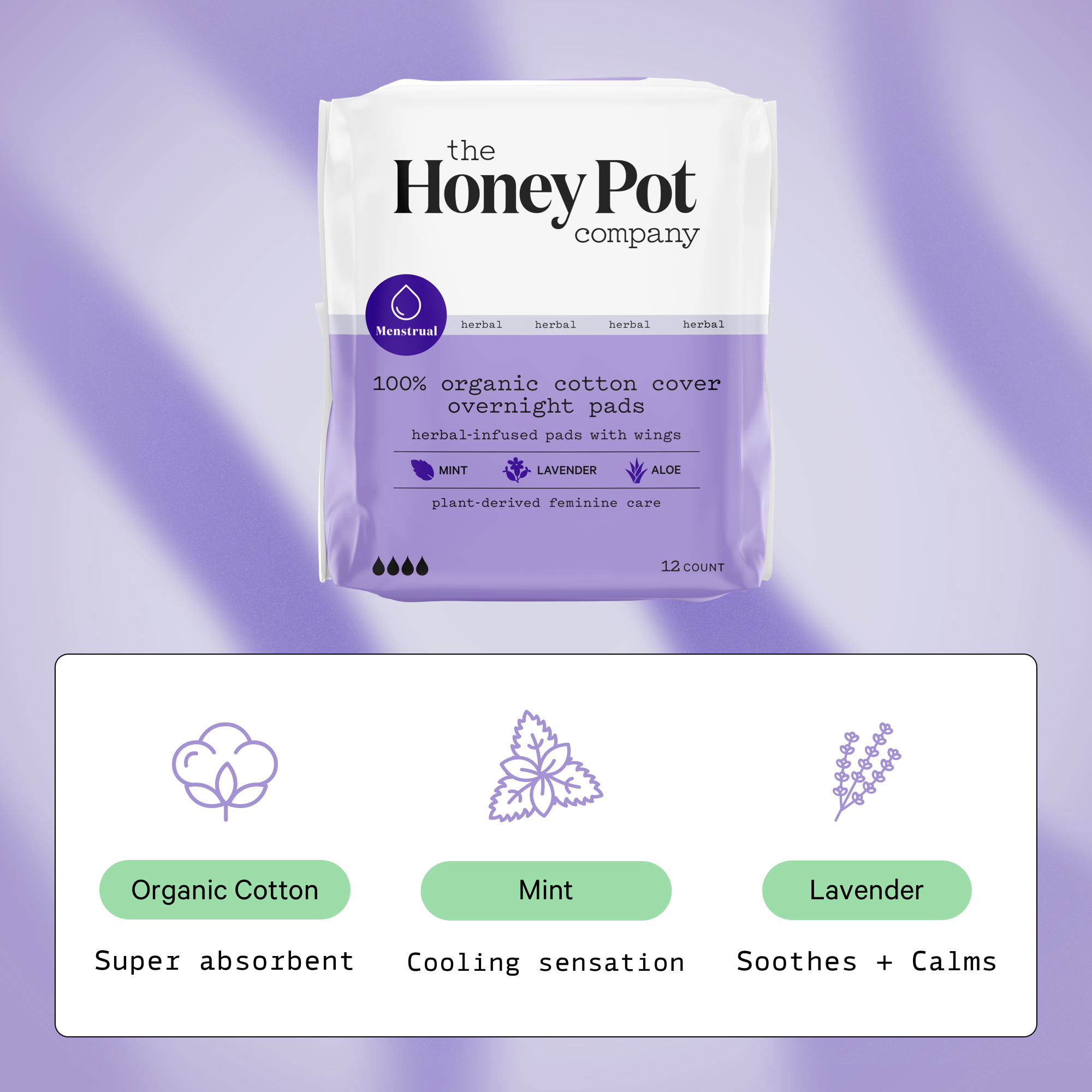 The Honey Pot Company, Herbal Overnight Pads with Wings, Organic Cotton Cover, 12 ct. - image 3 of 9