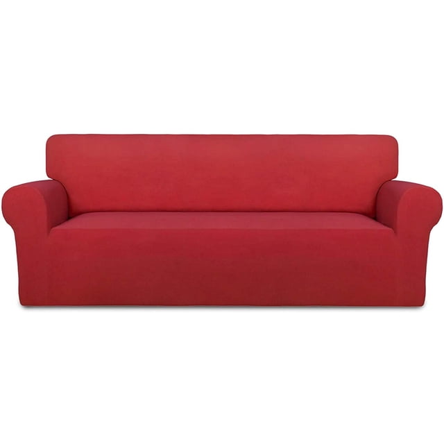 Super Stretch Chair Sofa Slipcover - Spandex Non Slip Soft Couch Sofa Cover, Washable Furniture Protector with Non Skid Foam and Elastic Bottom for Kids, Pets (Oversized Sofa, Red)