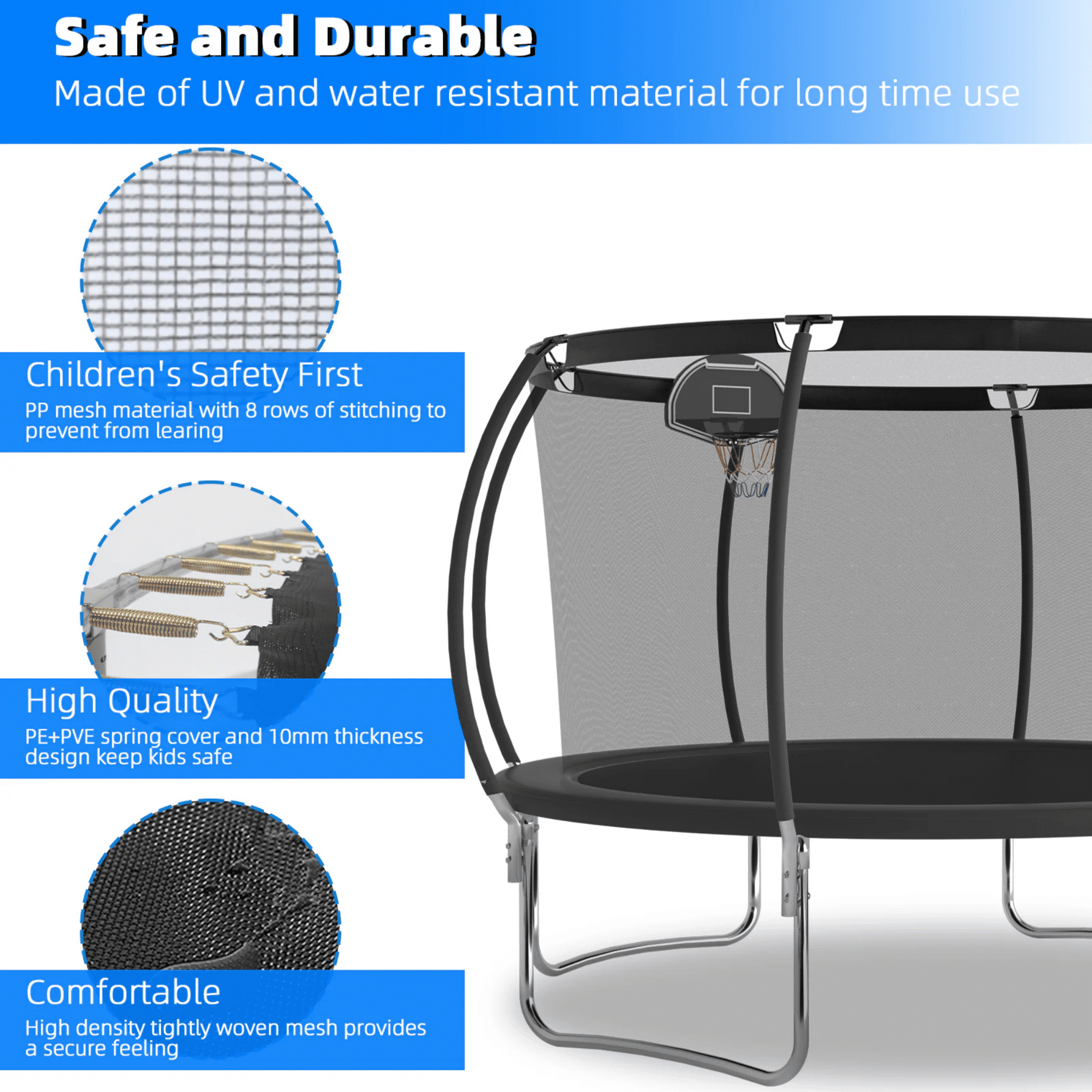 12ft Trampoline for Kids and Adults, Outdoor Trampoline with Enclousre Net, Heavy Duty Trampoline with Basketball Hoop and Ladder, 330lbs Capacity, Easy Assembly, Black