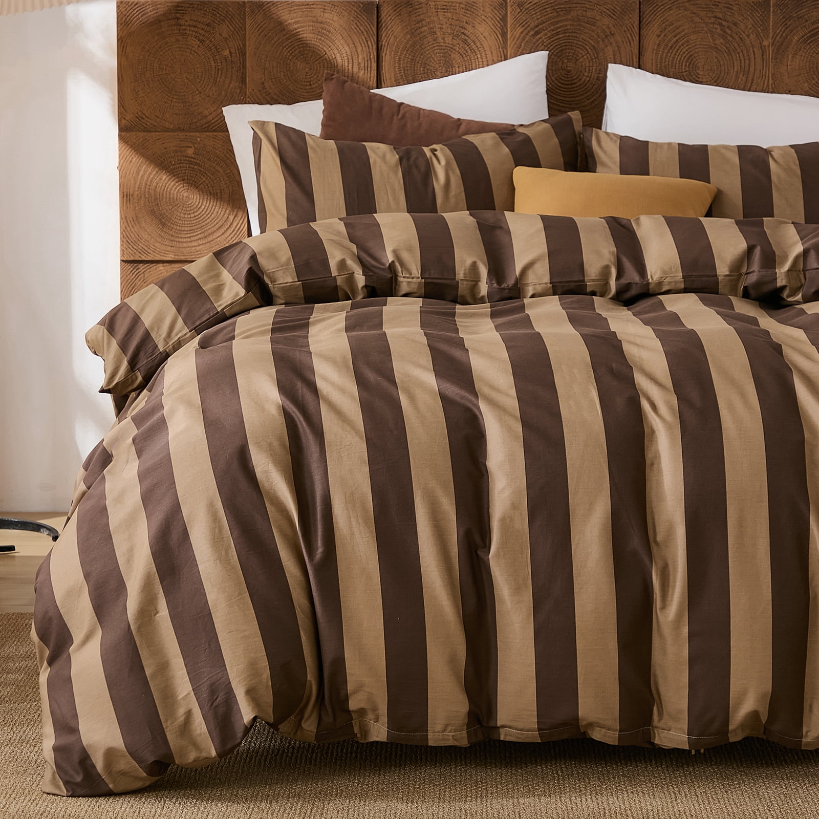 Brown Striped Duvet Cover Set Queen Size, 100% Natural Cotton Linen Like Duvet Cover Set with Zipper Closure & 8 Corner Ties, Brown Khaki Soft Reversible Bedding for All Seasons